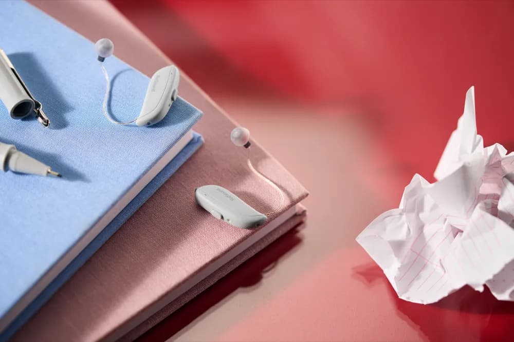A pair of ReSound Vivia receiver-in-canal hearing devices