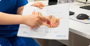 A Simba Health audiologist talking a patient through their ear health at the clinic desk